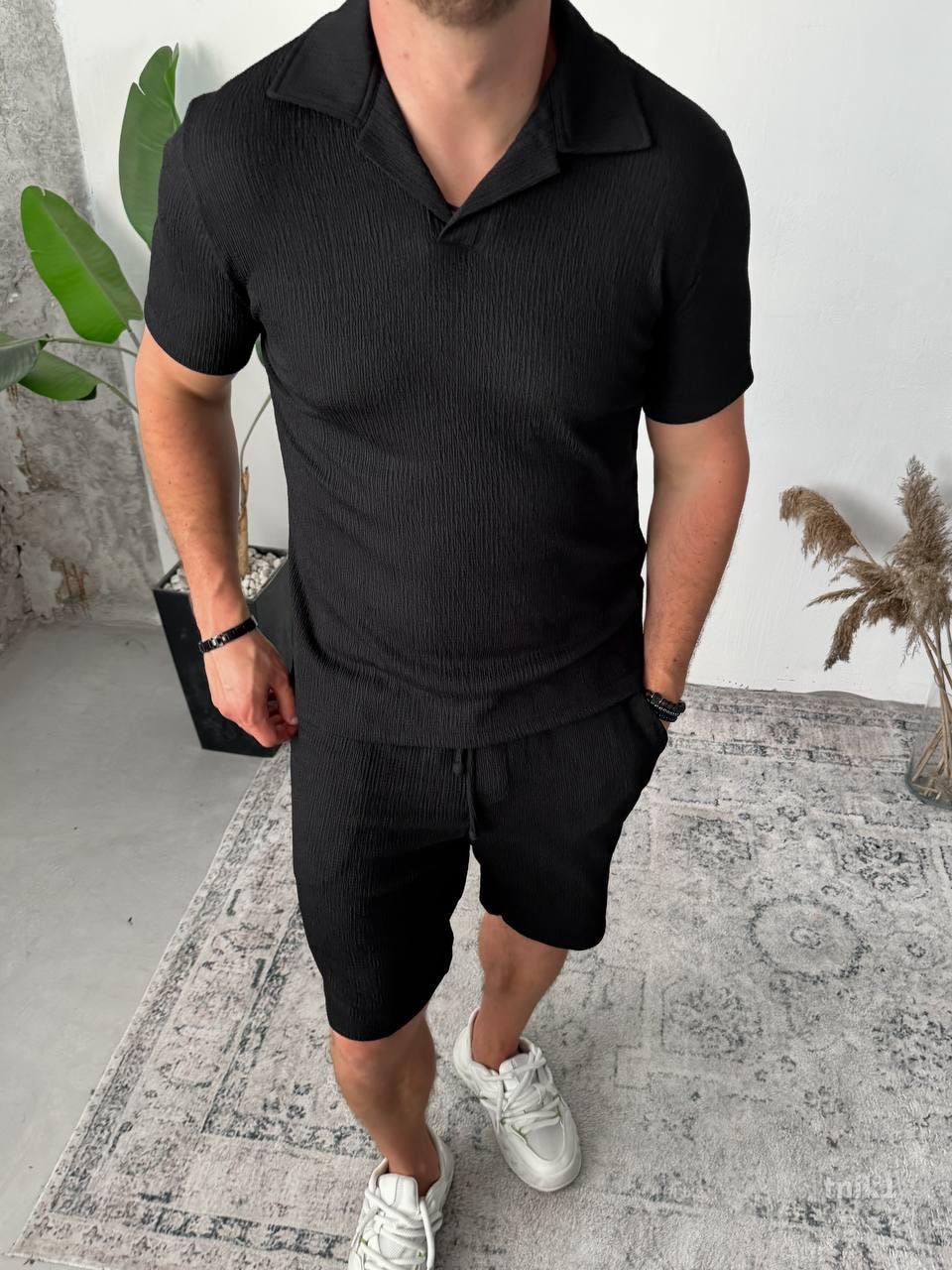 Men’s Black Summer Knit Set — Ribbed Polo & Shorts — Resort Vacation Outfit for Men — Casual Streetwear Set — Gift for Him