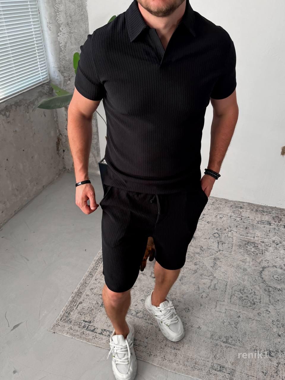 Men’s Summer Knit Set — Light Blue Ribbed Polo & Shorts — Vacation Outfit — Resort Wear for Men — Limited Summer Sale — Gift for Him