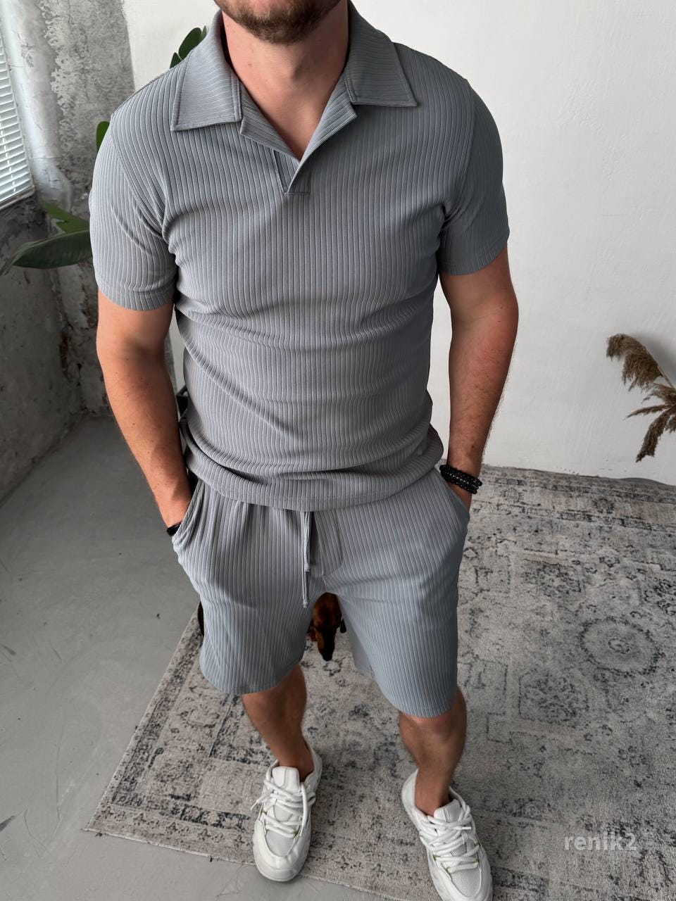 Men’s Summer Knit Set — Light Blue Ribbed Polo & Shorts — Vacation Outfit — Resort Wear for Men — Limited Summer Sale — Gift for Him
