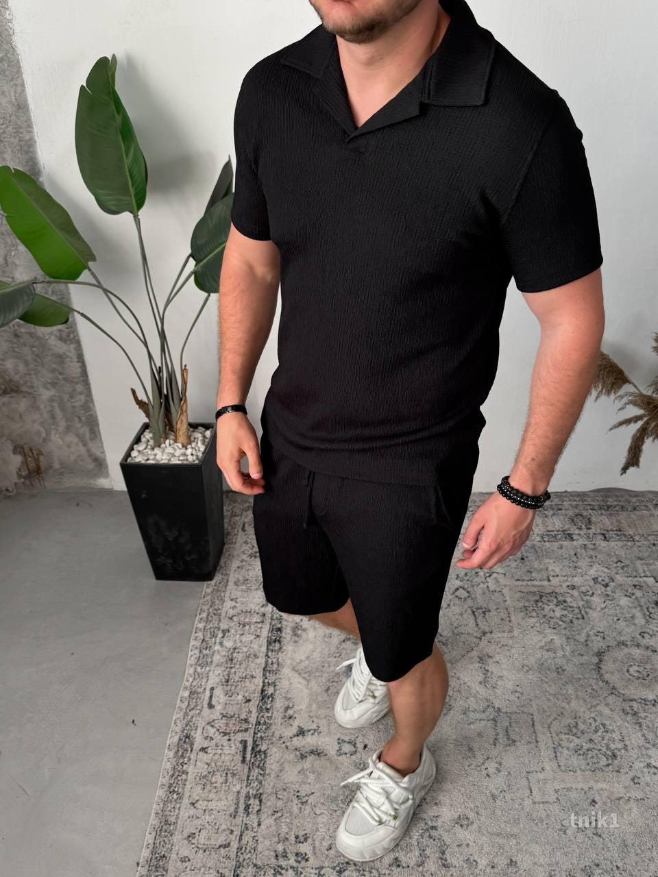 Men’s Black Summer Knit Set — Ribbed Polo & Shorts — Resort Vacation Outfit for Men — Casual Streetwear Set — Gift for Him