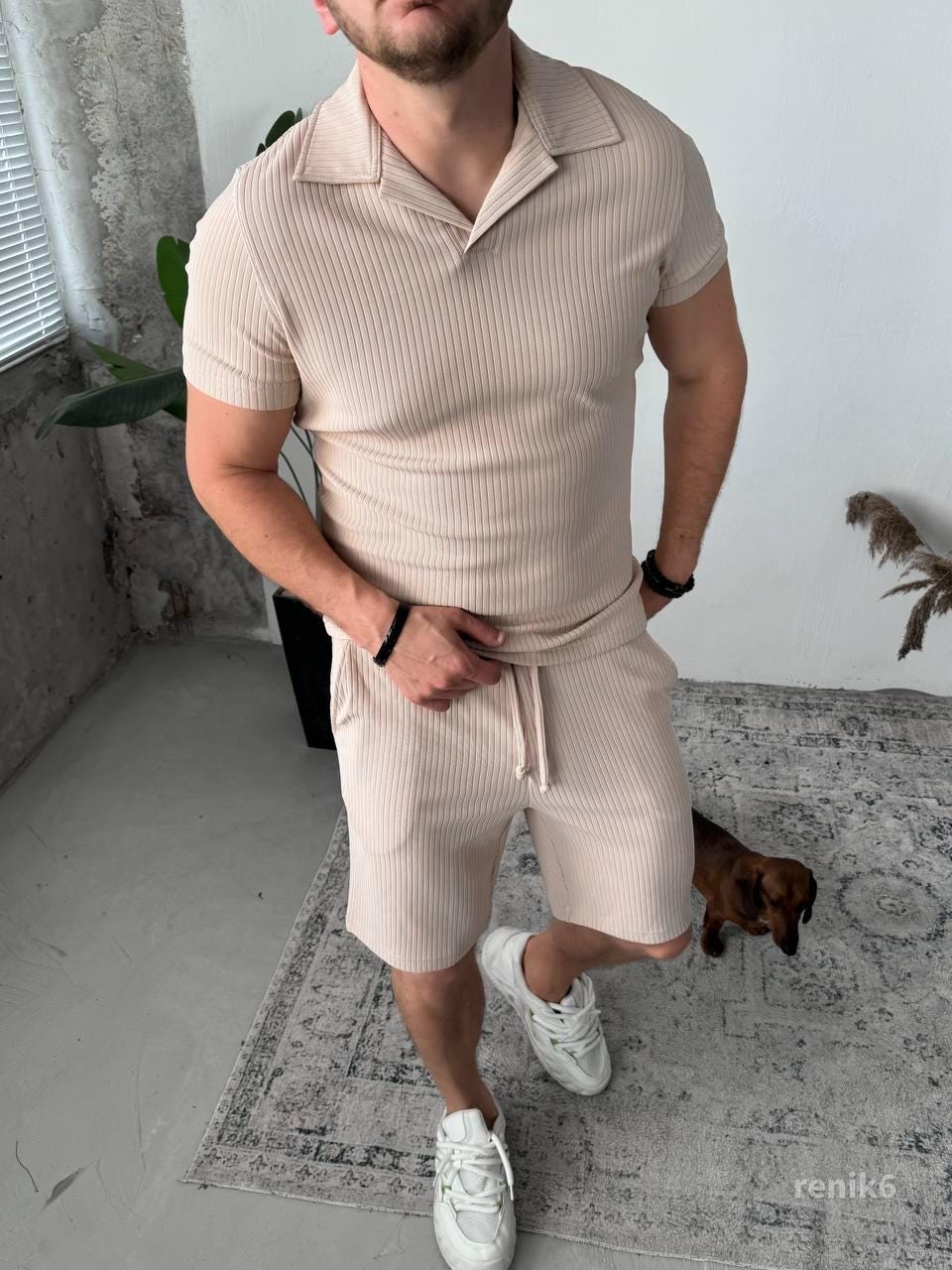 Men’s Summer Knit Set — Light Blue Ribbed Polo & Shorts — Vacation Outfit — Resort Wear for Men — Limited Summer Sale — Gift for Him