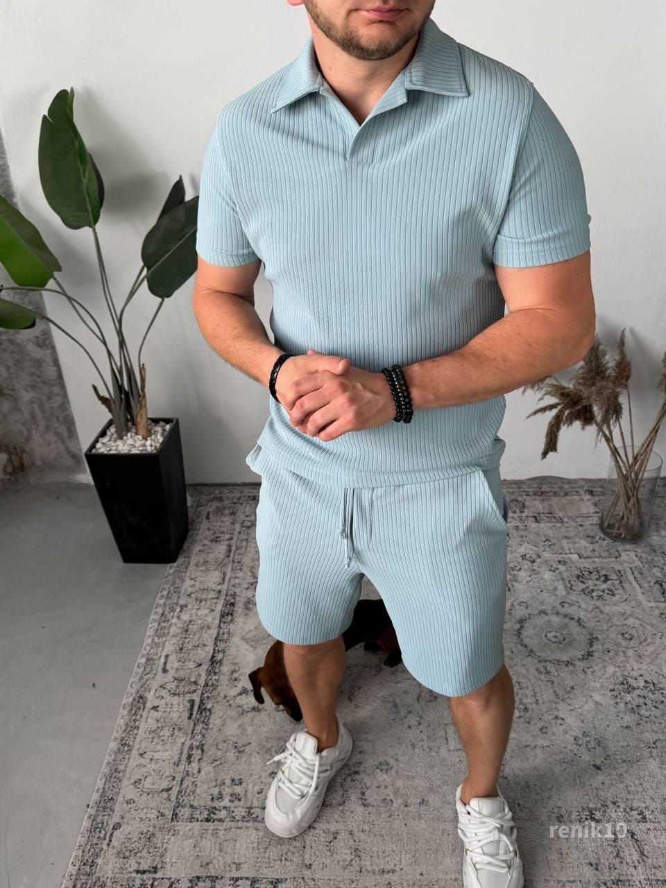 Men’s Summer Knit Set — Light Blue Ribbed Polo & Shorts — Vacation Outfit — Resort Wear for Men — Limited Summer Sale — Gift for Him