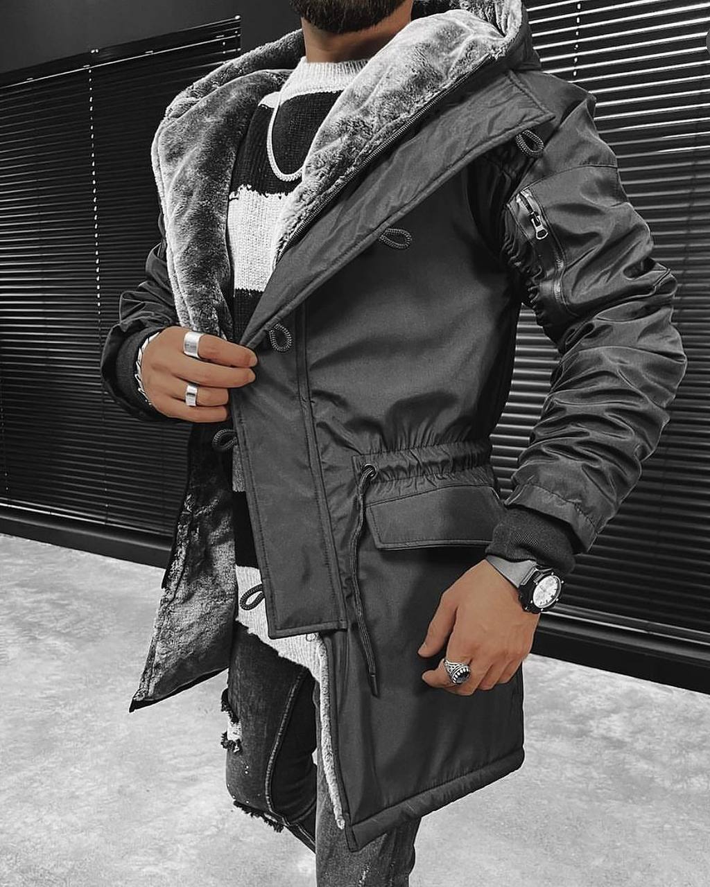 Faux Fur Lined Winter Parka: Men's Long Hooded Military Coat