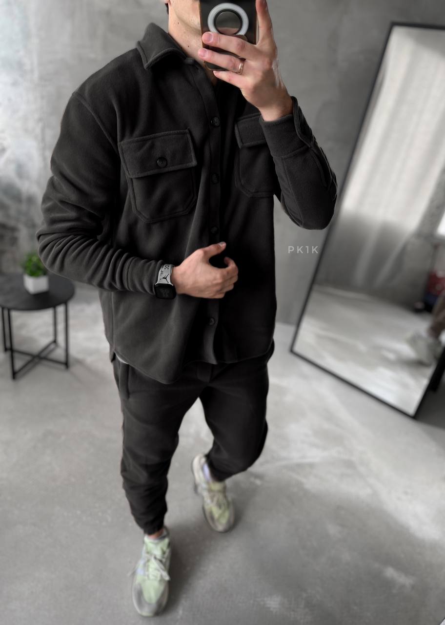 Men's Fleece Tracksuit Set: Warm Jogger Outfit with Shirt Jacket