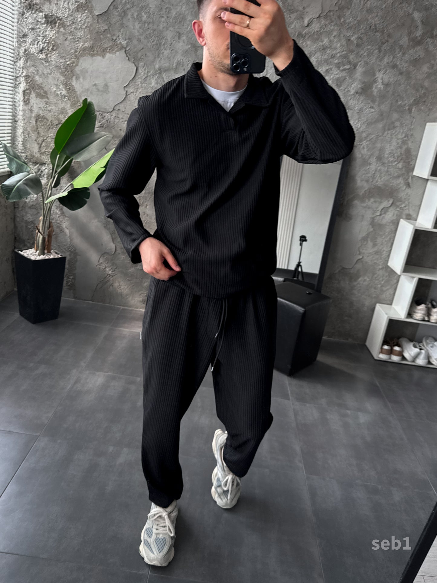 Men’s Pleated Two Piece Set – Long Sleeve Shirt and Jogger Pants, Casual Streetwear Outfit