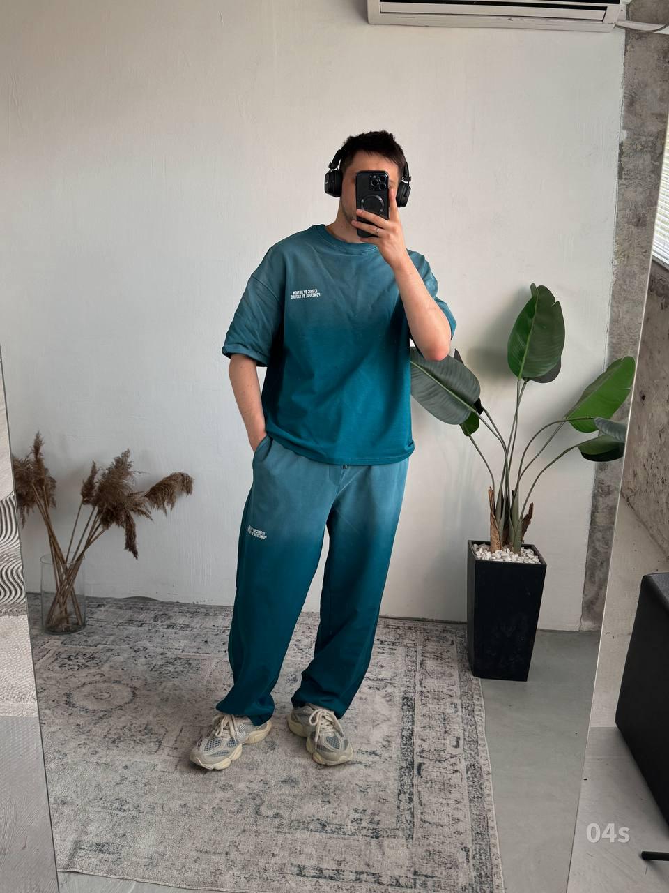 Gradient Streetwear Set for Men | Teal Ombre Two-Piece Outfit | Oversized T-Shirt & Pants | Urban Loungewear