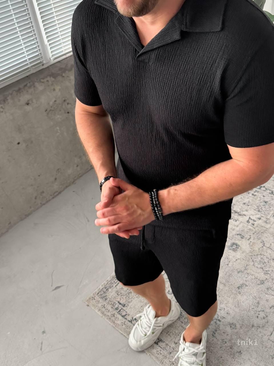 Men’s Black Summer Knit Set — Ribbed Polo &amp; Shorts — Resort Vacation Outfit for Men — Casual Streetwear Set — Gift for Him