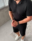 Men’s Black Summer Knit Set — Ribbed Polo & Shorts — Resort Vacation Outfit for Men — Casual Streetwear Set — Gift for Him