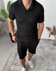 Men’s Black Summer Knit Set — Ribbed Polo & Shorts — Resort Vacation Outfit for Men — Casual Streetwear Set — Gift for Him