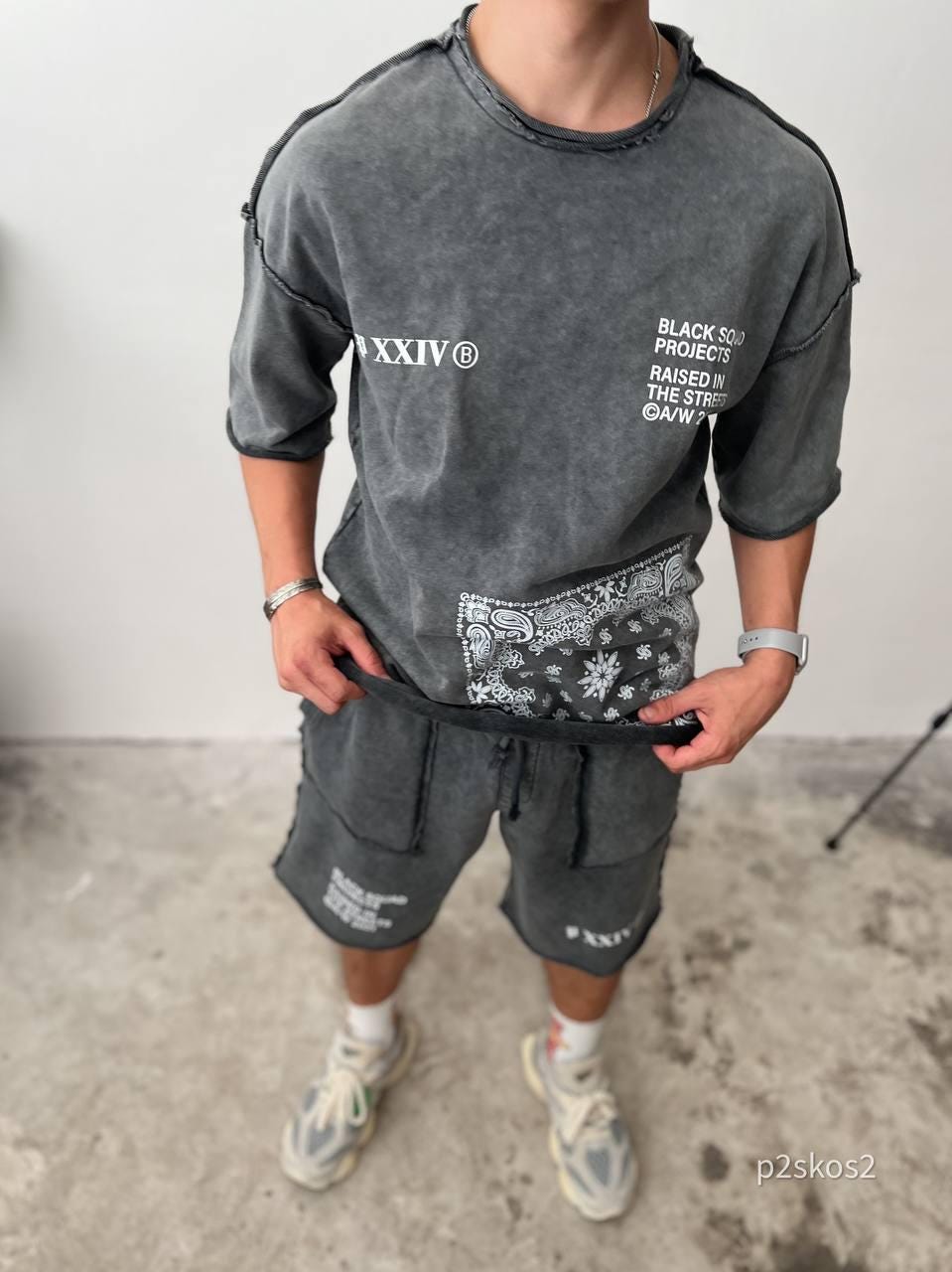 Men’s Streetwear Set, Bandana Print Shorts and T-Shirt, Urban Oversized Outfit, Summer Two Piece Set, Korean Style, Gift for Him