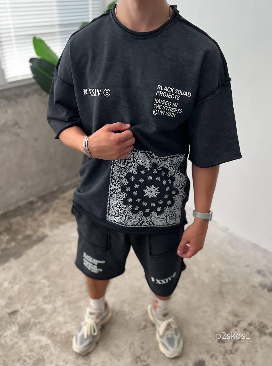 Men’s Streetwear Set, Bandana Print Shorts and T-Shirt, Urban Oversized Outfit, Summer Two Piece Set, Korean Style, Gift for Him