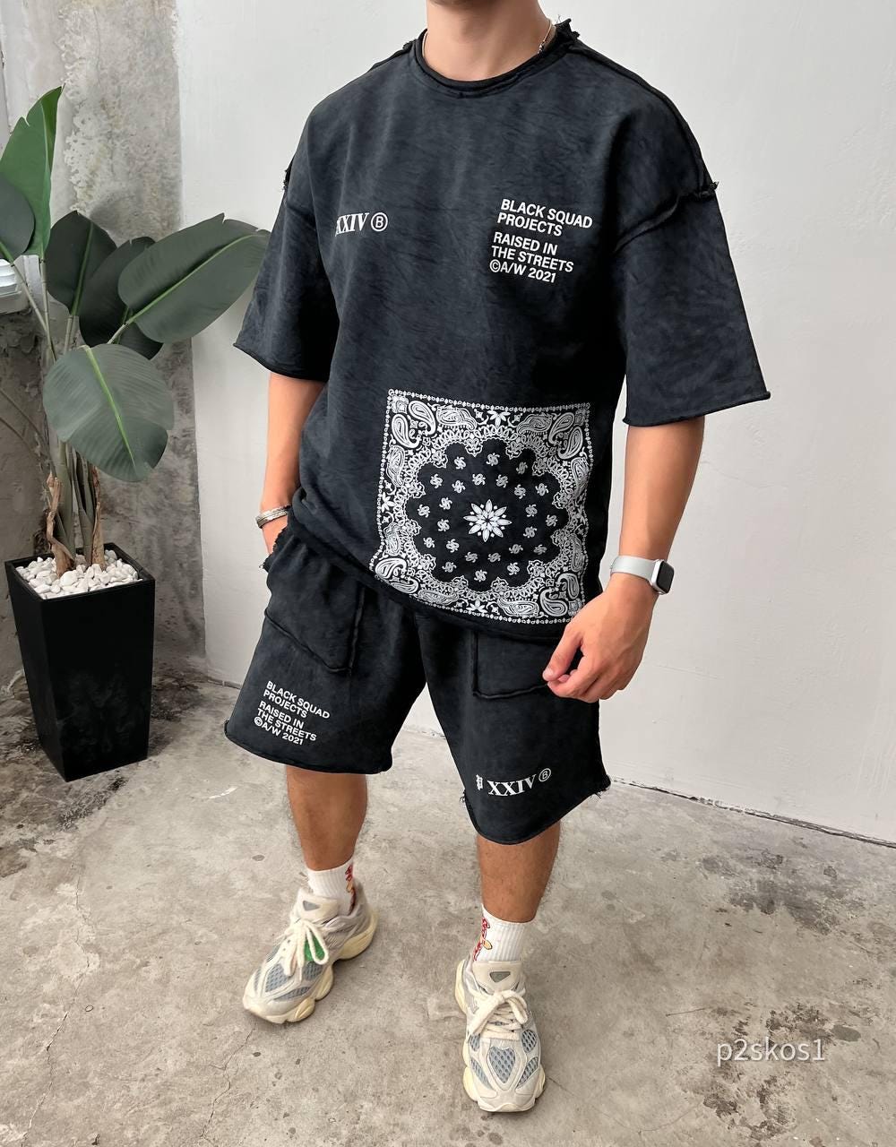 Men’s Streetwear Set, Bandana Print Shorts and T-Shirt, Urban Oversized Outfit, Summer Two Piece Set, Korean Style, Gift for Him