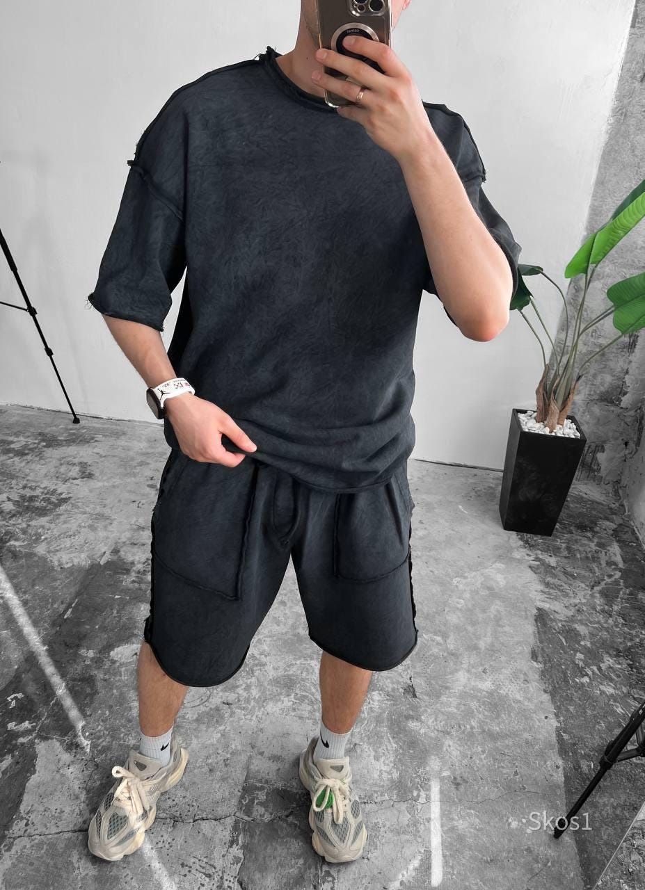 Men’s Washed Streetwear Set, Oversized T-Shirt & Cargo Shorts, Urban Summer Two Piece Outfit, Distressed Stitch Look, Gift for Hi