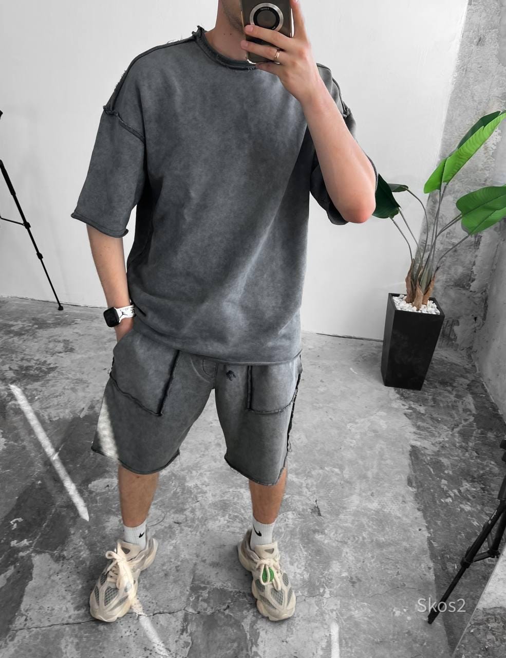Men’s Washed Streetwear Set, Oversized T-Shirt & Cargo Shorts, Urban Summer Two Piece Outfit, Distressed Stitch Look, Gift for Hi