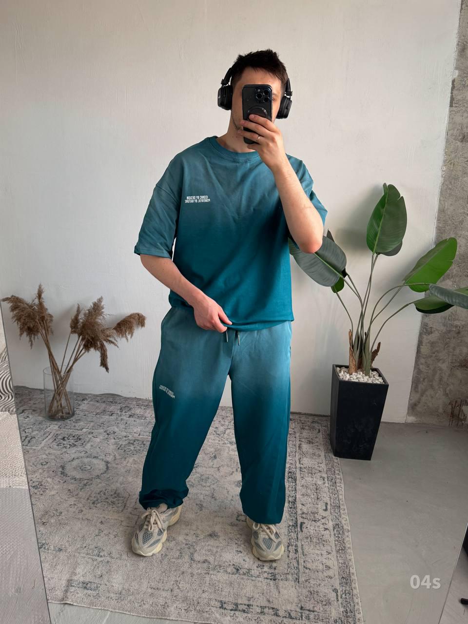 Gradient Streetwear Set for Men | Teal Ombre Two-Piece Outfit | Oversized T-Shirt & Pants | Urban Loungewear