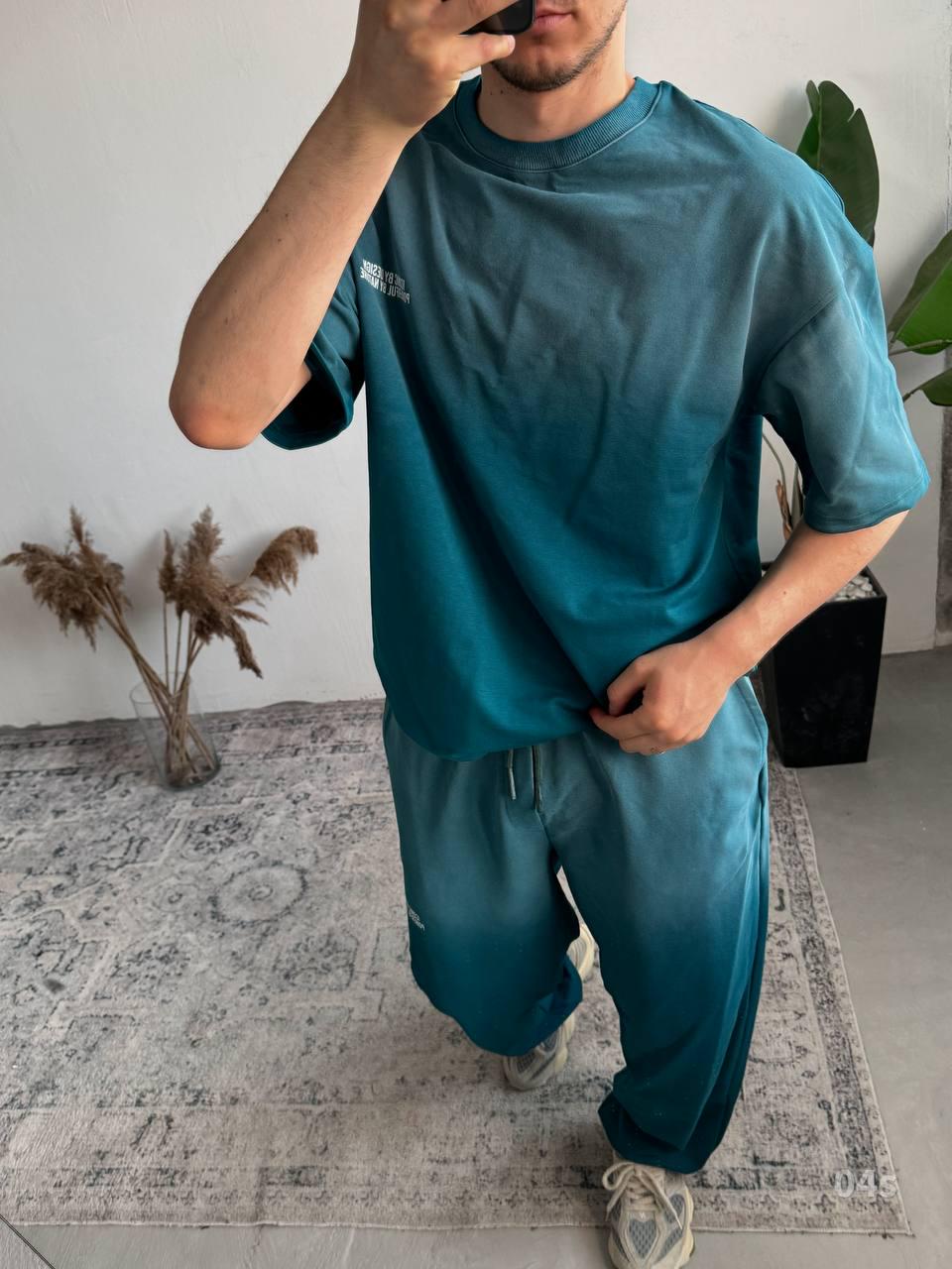 Gradient Streetwear Set for Men | Teal Ombre Two-Piece Outfit | Oversized T-Shirt & Pants | Urban Loungewear