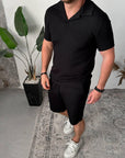 Men’s Black Summer Knit Set — Ribbed Polo & Shorts — Resort Vacation Outfit for Men — Casual Streetwear Set — Gift for Him