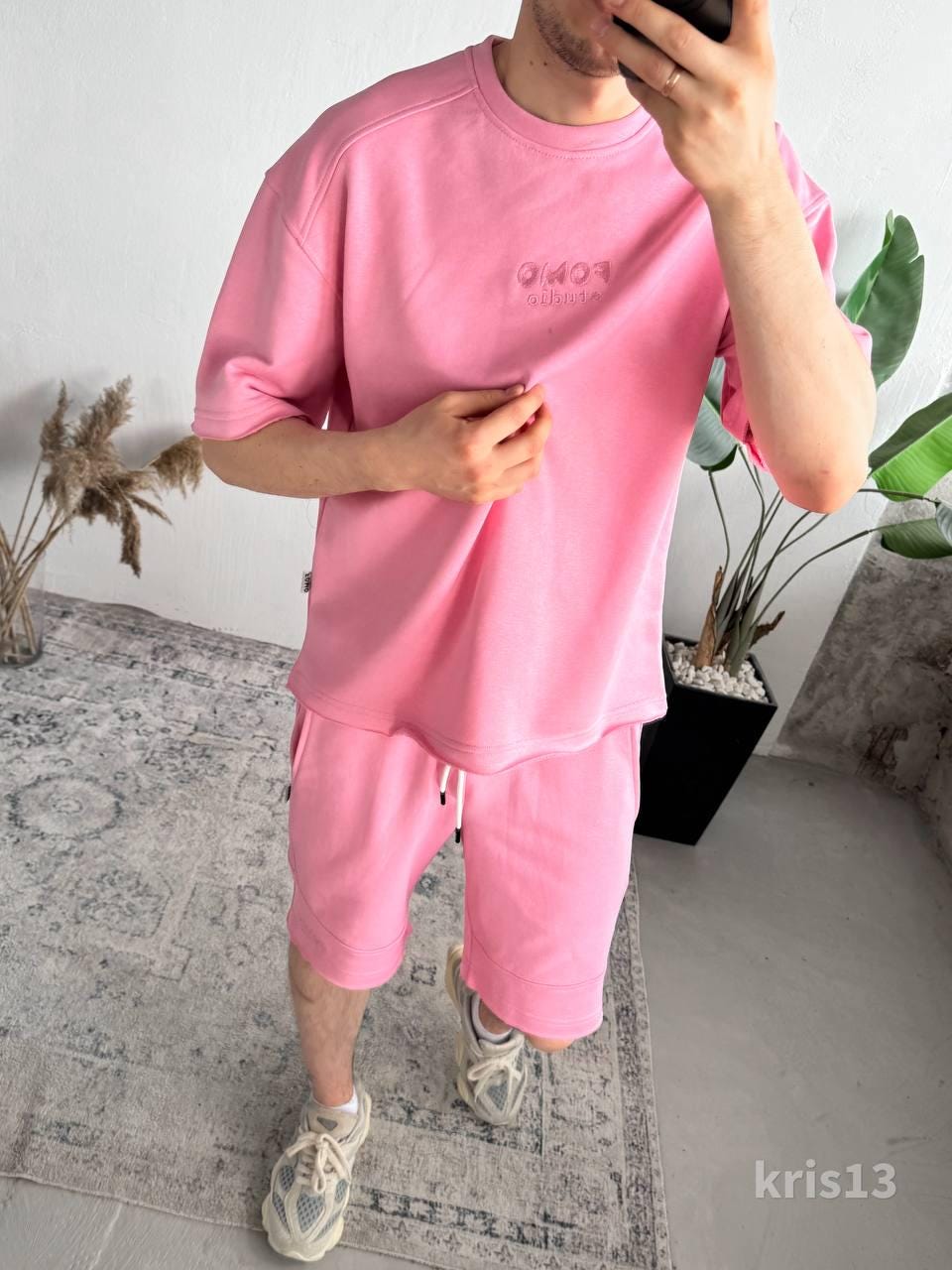 Handmade Pink Streetwear Set for Men – Summer Oversized T-Shirt and Shorts – Luxury Cotton Two Piece Set – Street Style Outfit