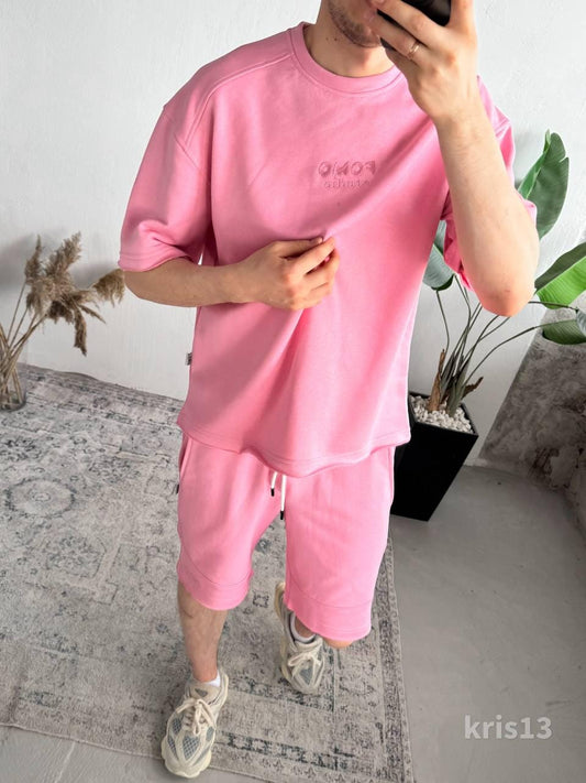 Handmade Pink Streetwear Set for Men – Summer Oversized T-Shirt and Shorts – Luxury Cotton Two Piece Set – Street Style Outfit