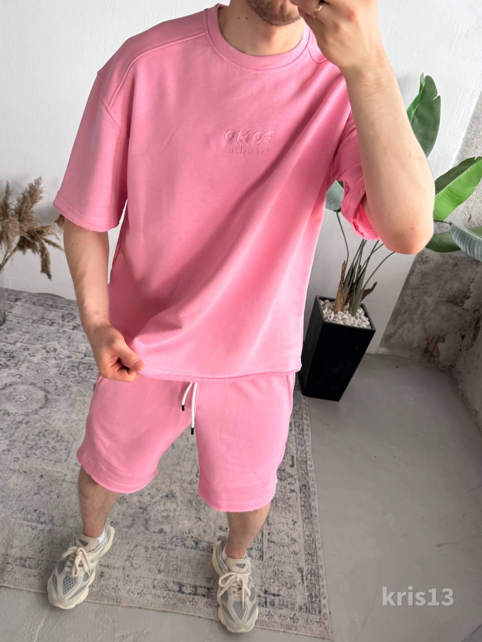 Handmade Pink Streetwear Set for Men – Summer Oversized T-Shirt and Shorts – Luxury Cotton Two Piece Set – Street Style Outfit