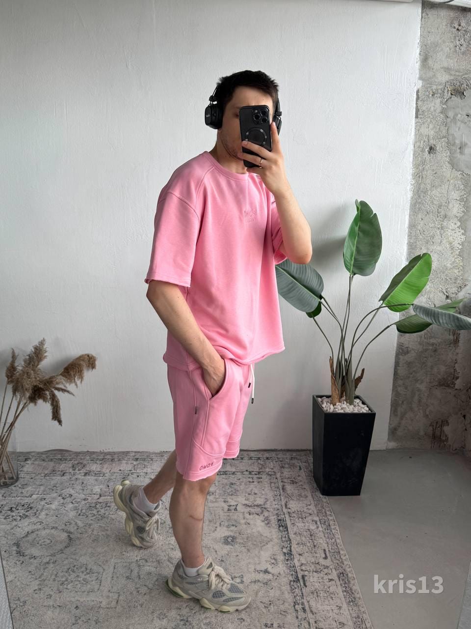 Handmade Pink Streetwear Set for Men – Summer Oversized T-Shirt and Shorts – Luxury Cotton Two Piece Set – Street Style Outfit