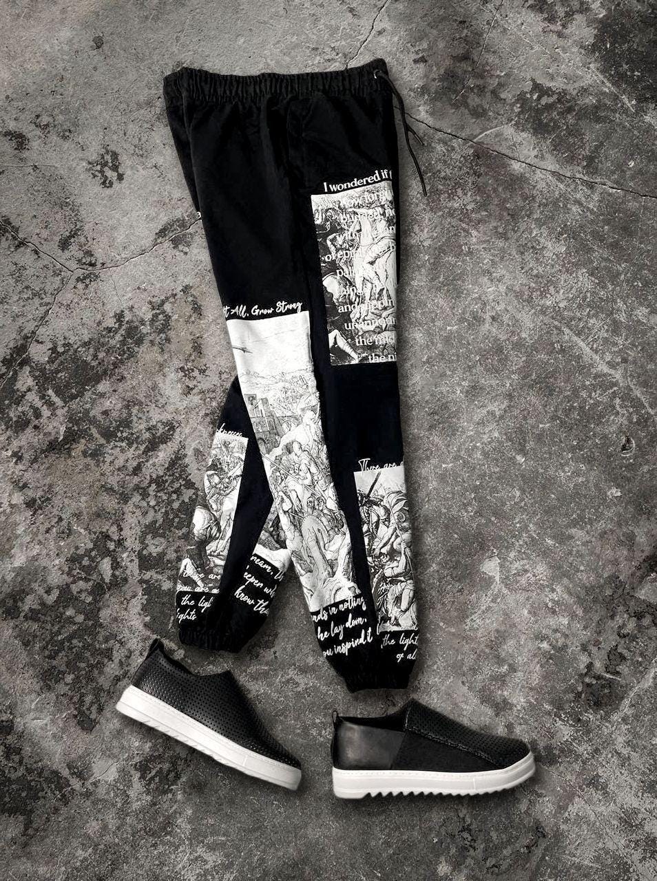 Men’s Art Print Graphic Pants – Vintage Sketch Joggers | Streetwear Statement Trousers | Unique Gothic Style