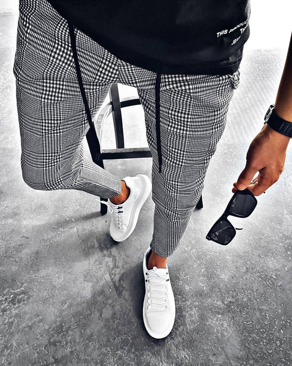Slim Fit Houndstooth Jogger Pants for Men – Stylish Streetwear Trousers