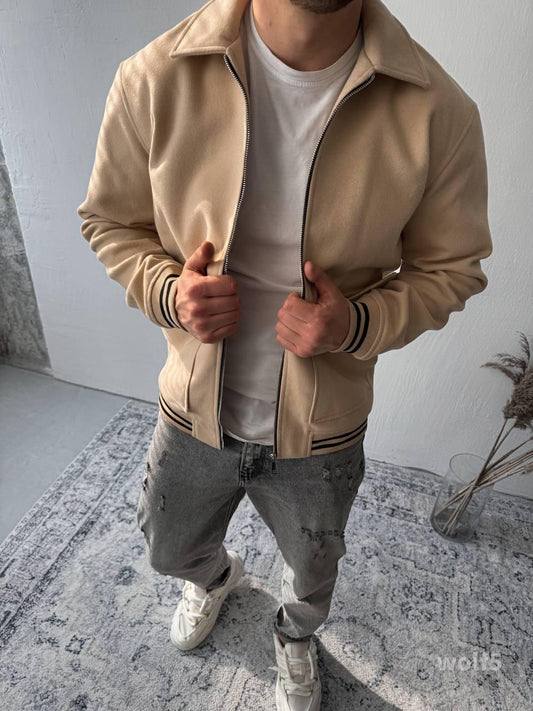 Men’s Casual Bomber Jacket – Minimalist Varsity Zip-Up with Striped Cuffs | Streetwear Outerwear