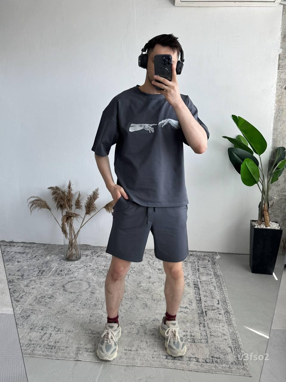 Men’s Summer Matching Set – Oversized T-Shirt & Shorts with “Creation Hands” Print | Casual Streetwear Outfit