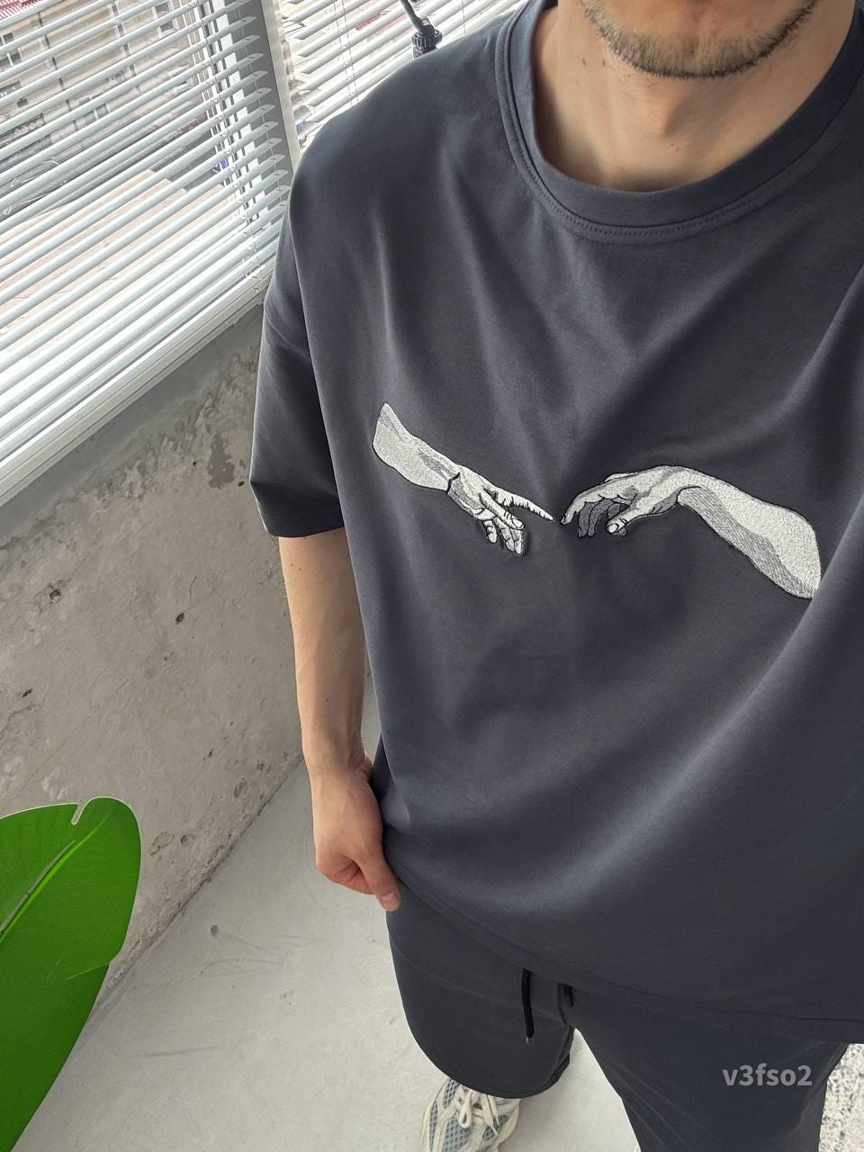 Men’s Summer Matching Set – Oversized T-Shirt & Shorts with “Creation Hands” Print | Casual Streetwear Outfit