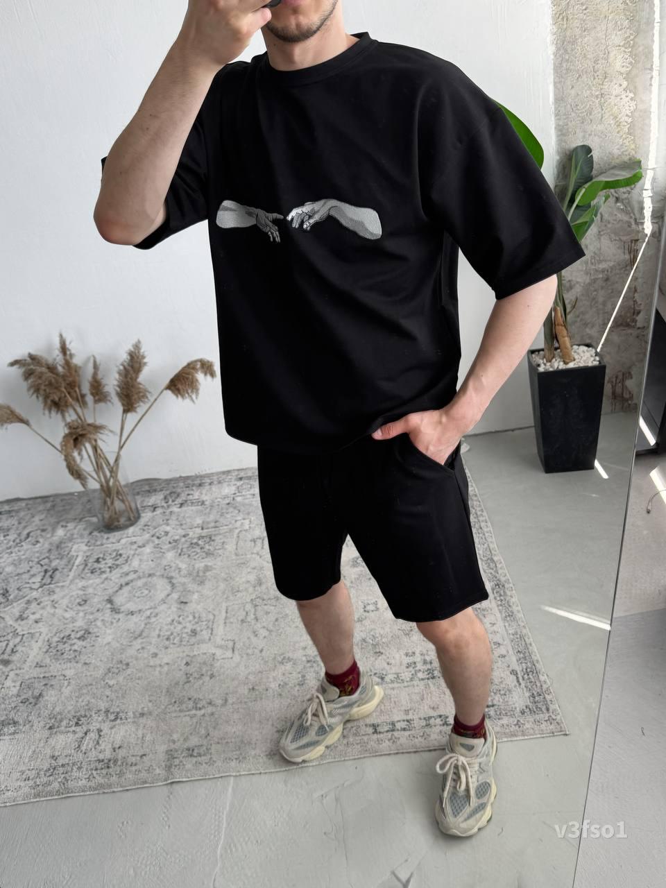 Men’s Summer Matching Set – Oversized T-Shirt & Shorts with “Creation Hands” Print | Casual Streetwear Outfit