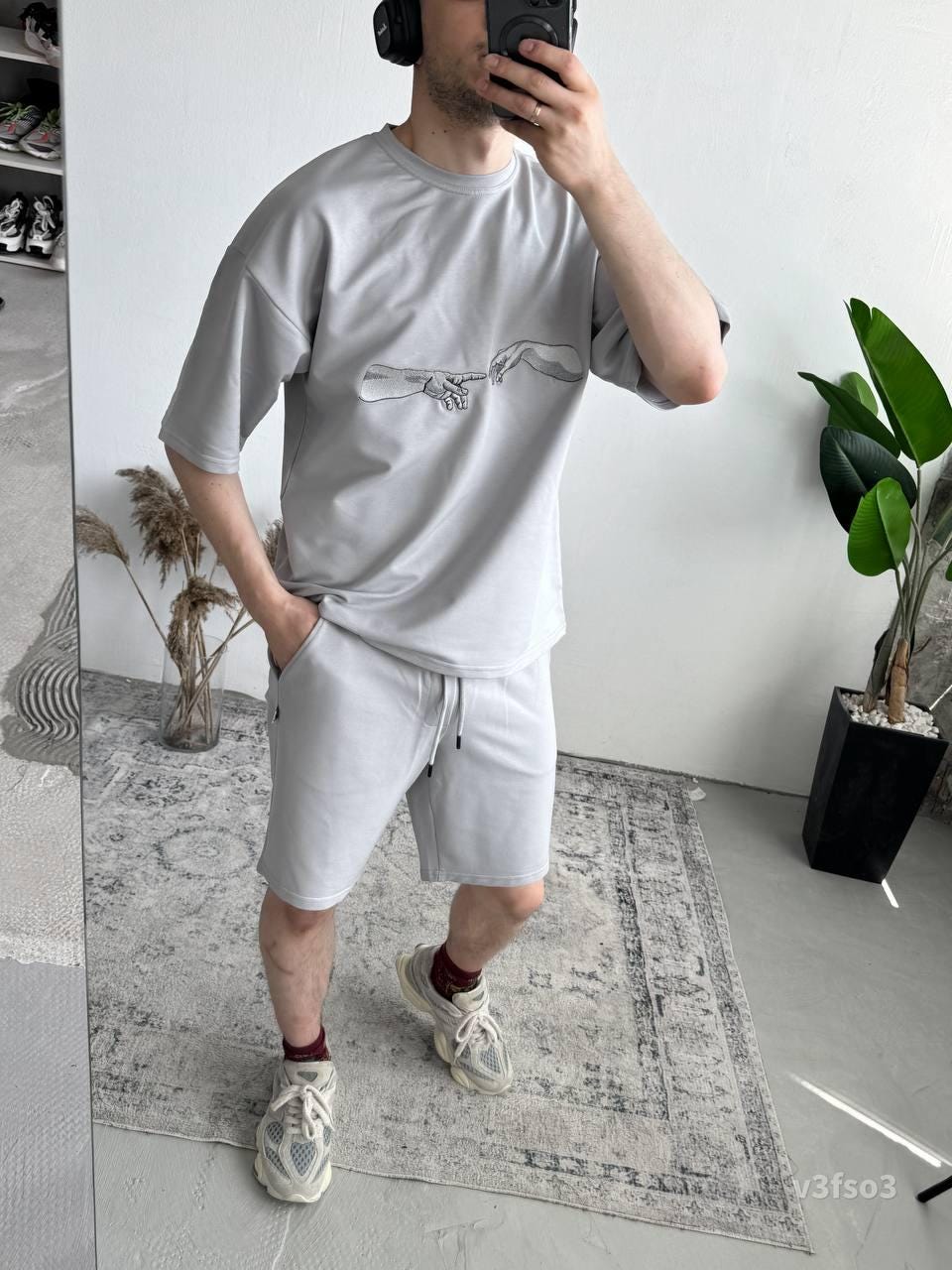 Men’s Summer Matching Set – Oversized T-Shirt & Shorts with “Creation Hands” Print | Casual Streetwear Outfit