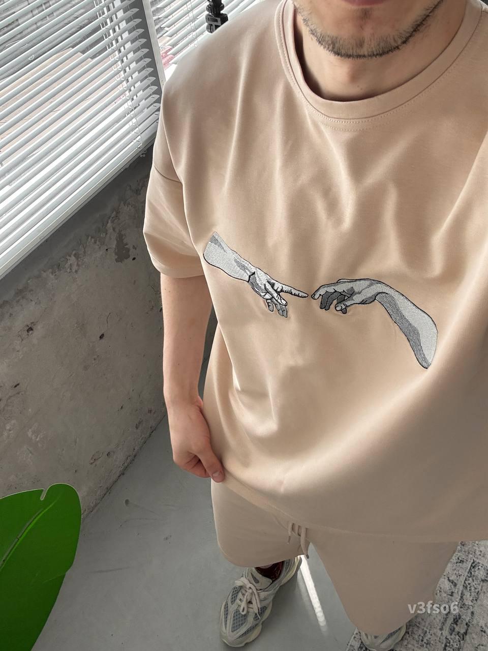 Men’s Summer Matching Set – Oversized T-Shirt & Shorts with “Creation Hands” Print | Casual Streetwear Outfit