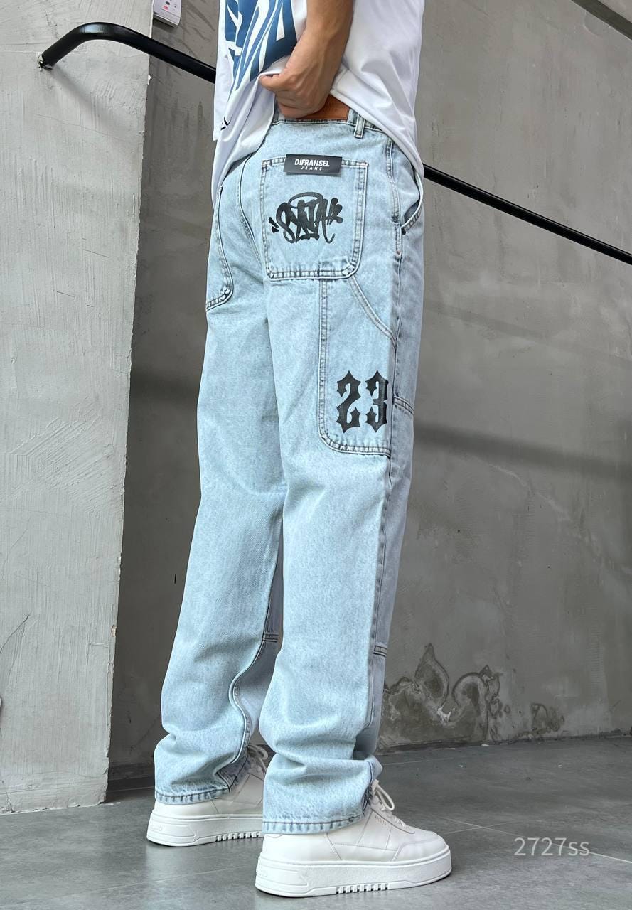 Men’s Streetwear Baggy Jeans – Wide-Leg Denim Pants with Graphic Print | Casual Urban Jeans
