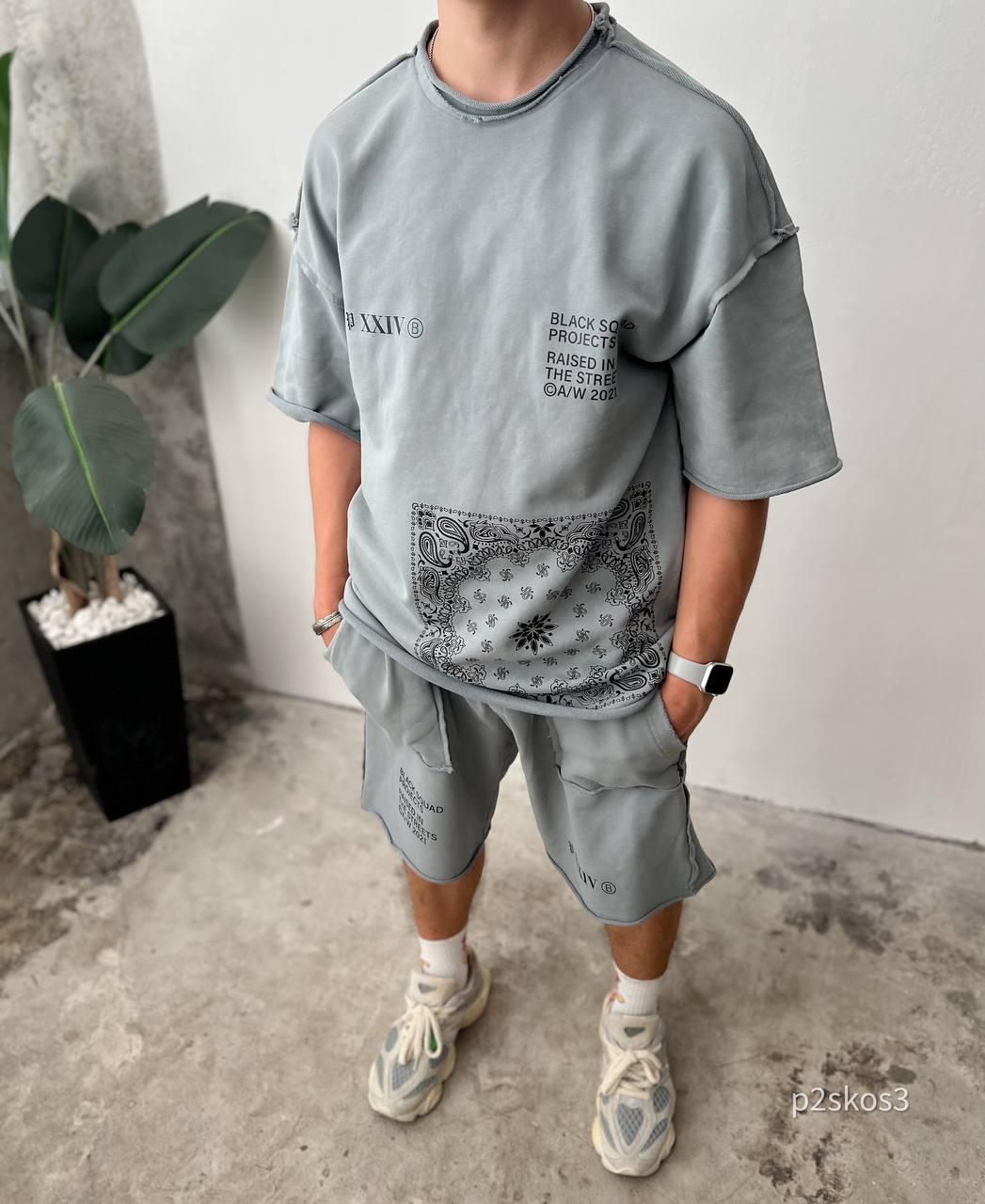 Men’s Streetwear Set, Bandana Print Shorts and T-Shirt, Urban Oversized Outfit, Summer Two Piece Set, Korean Style, Gift for Him