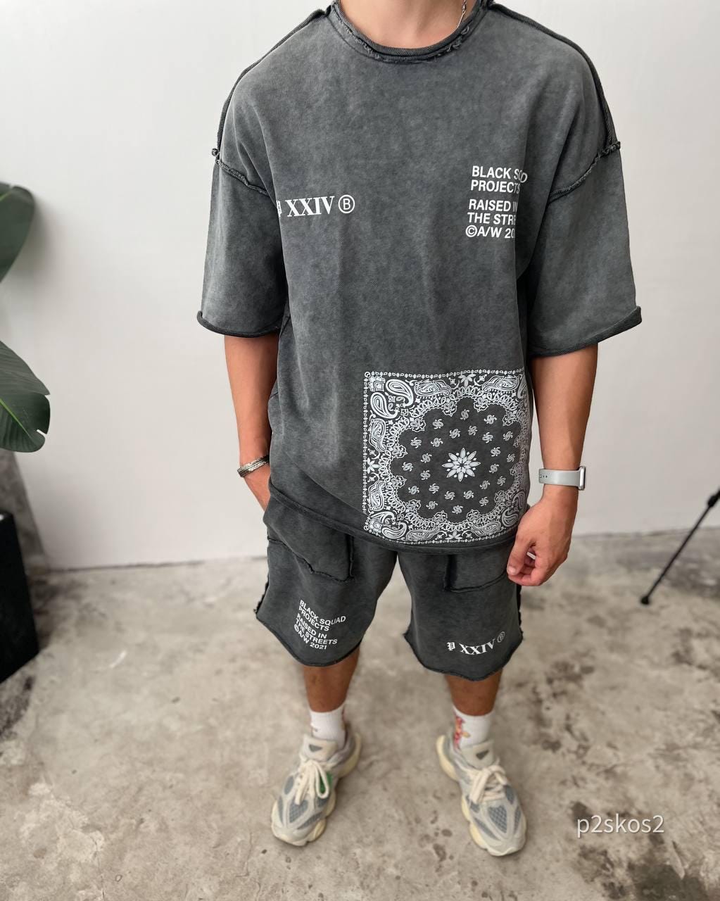 Men’s Streetwear Set, Bandana Print Shorts and T-Shirt, Urban Oversized Outfit, Summer Two Piece Set, Korean Style, Gift for Him