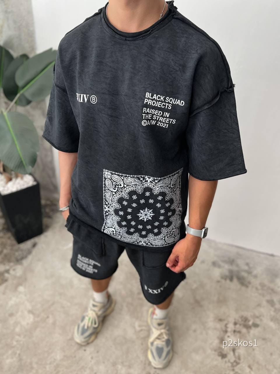 Men’s Streetwear Set, Bandana Print Shorts and T-Shirt, Urban Oversized Outfit, Summer Two Piece Set, Korean Style, Gift for Him