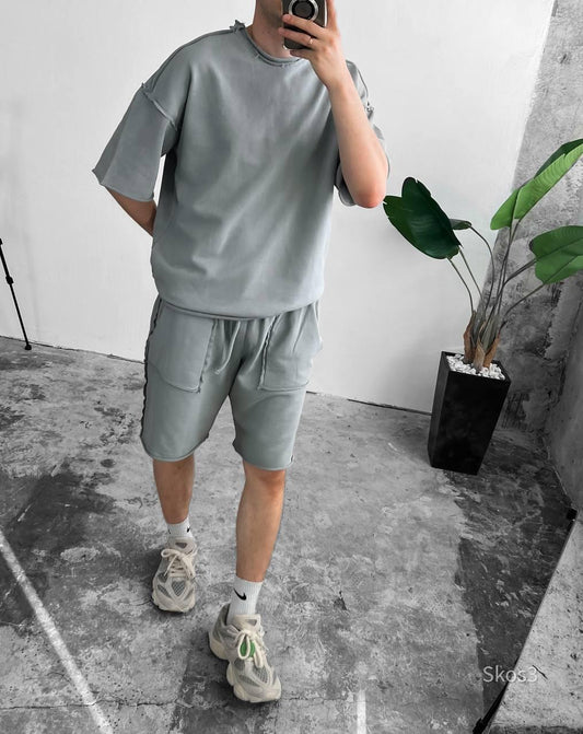 Men’s Washed Streetwear Set, Oversized T-Shirt & Cargo Shorts, Urban Summer Two Piece Outfit, Distressed Stitch Look, Gift for Hi