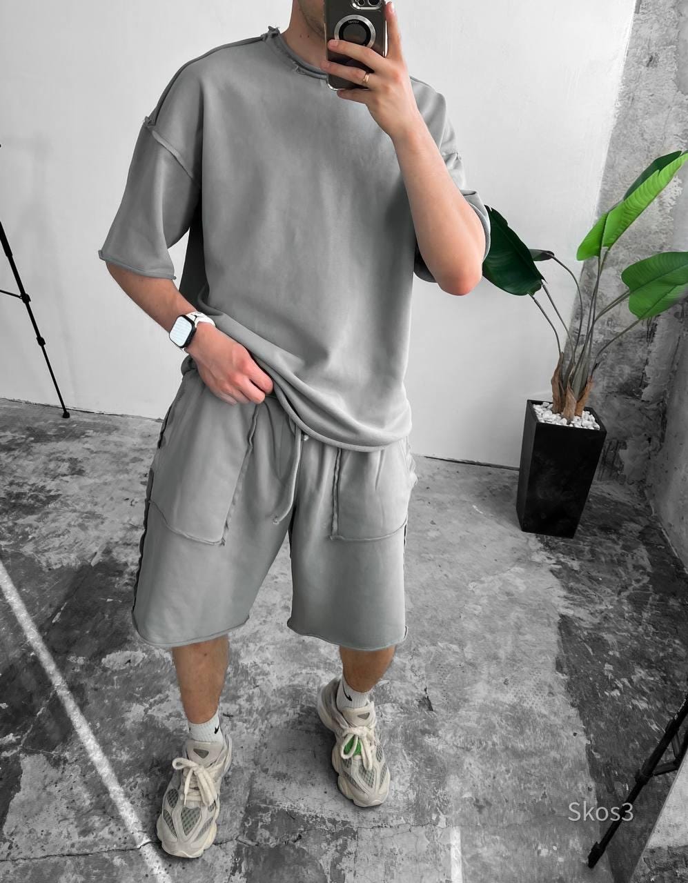 Men’s Washed Streetwear Set, Oversized T-Shirt & Cargo Shorts, Urban Summer Two Piece Outfit, Distressed Stitch Look, Gift for Hi