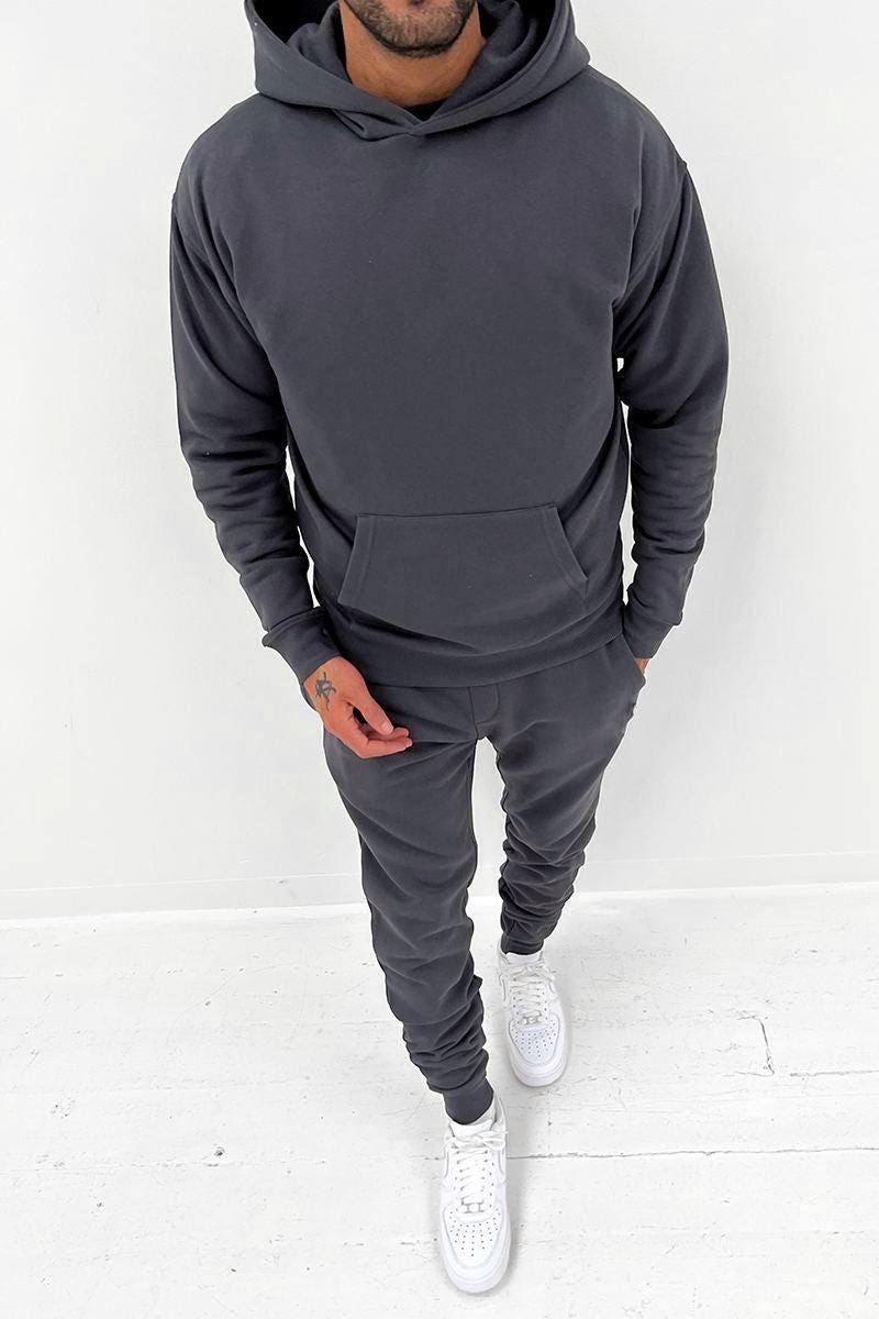 Mens Solid Color Tracksuit Set – Casual Hoodie & Joggers | Streetwear Two-Piece Set | Fall and Winter Loungewear