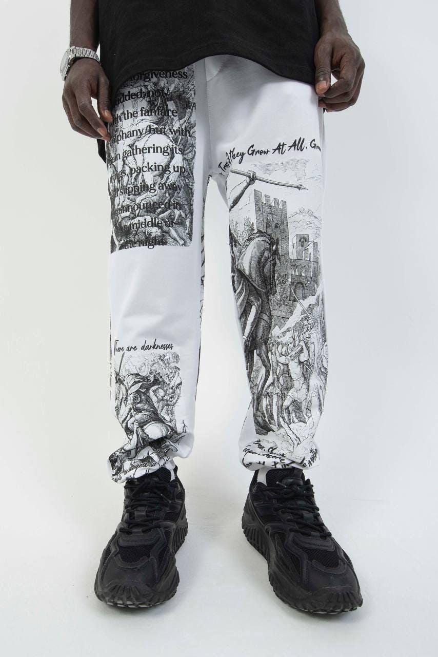 Men’s Art Print Graphic Pants – Vintage Sketch Joggers | Streetwear Statement Trousers | Unique Gothic Style