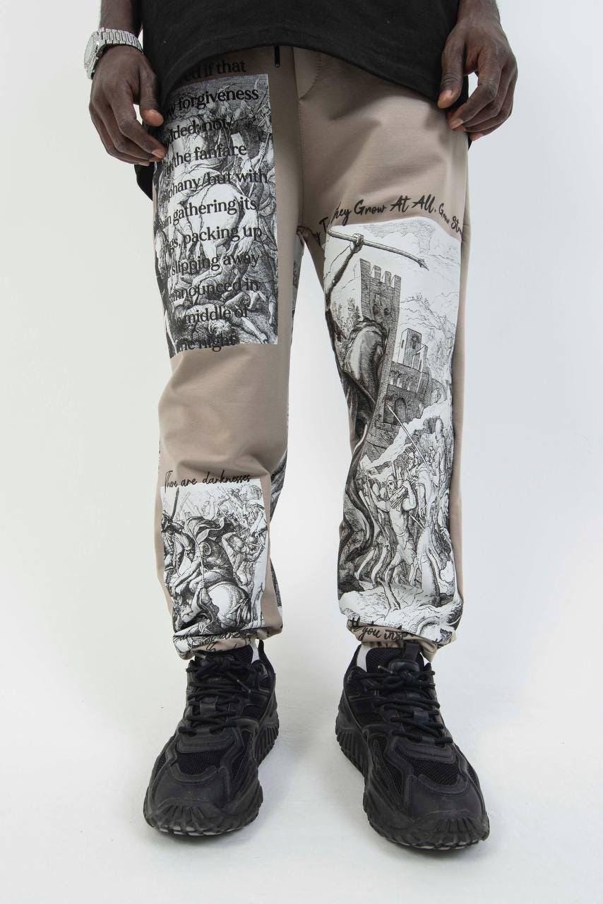 Men’s Art Print Graphic Pants – Vintage Sketch Joggers | Streetwear Statement Trousers | Unique Gothic Style