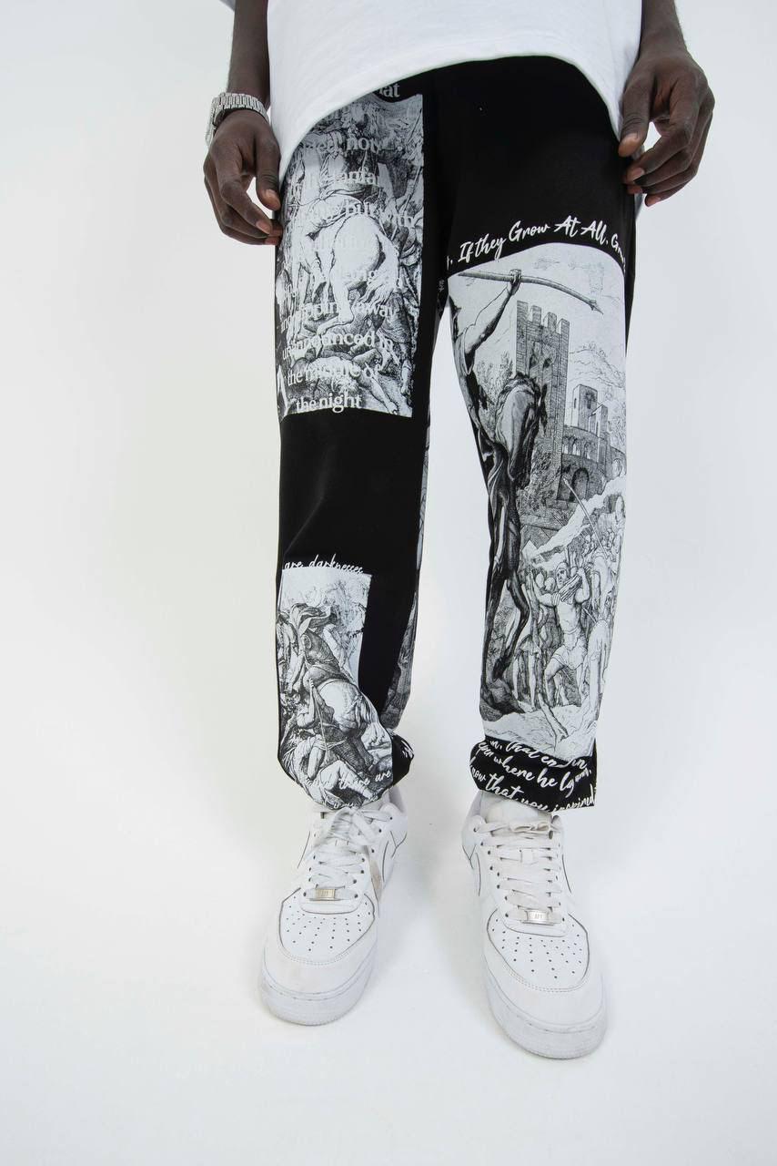 Men’s Art Print Graphic Pants – Vintage Sketch Joggers | Streetwear Statement Trousers | Unique Gothic Style