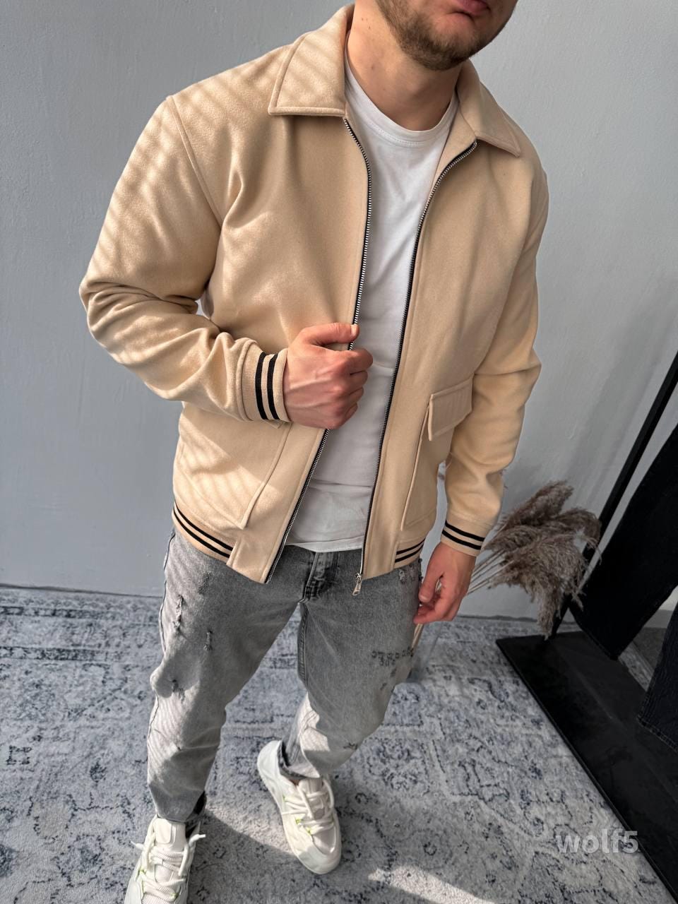 Men’s Casual Bomber Jacket – Minimalist Varsity Zip-Up with Striped Cuffs | Streetwear Outerwear