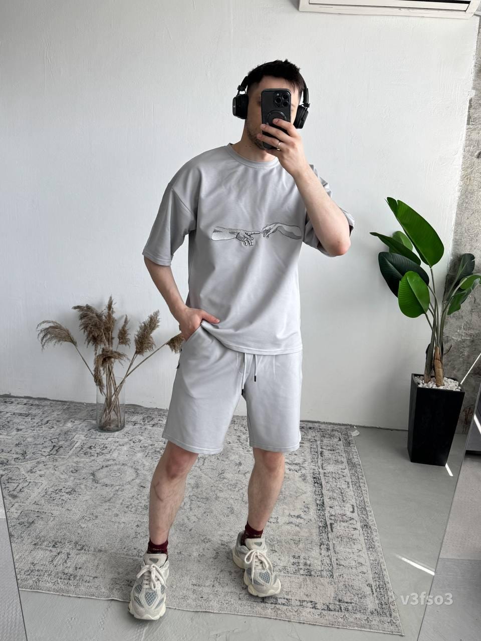 Men’s Summer Matching Set – Oversized T-Shirt & Shorts with “Creation Hands” Print | Casual Streetwear Outfit