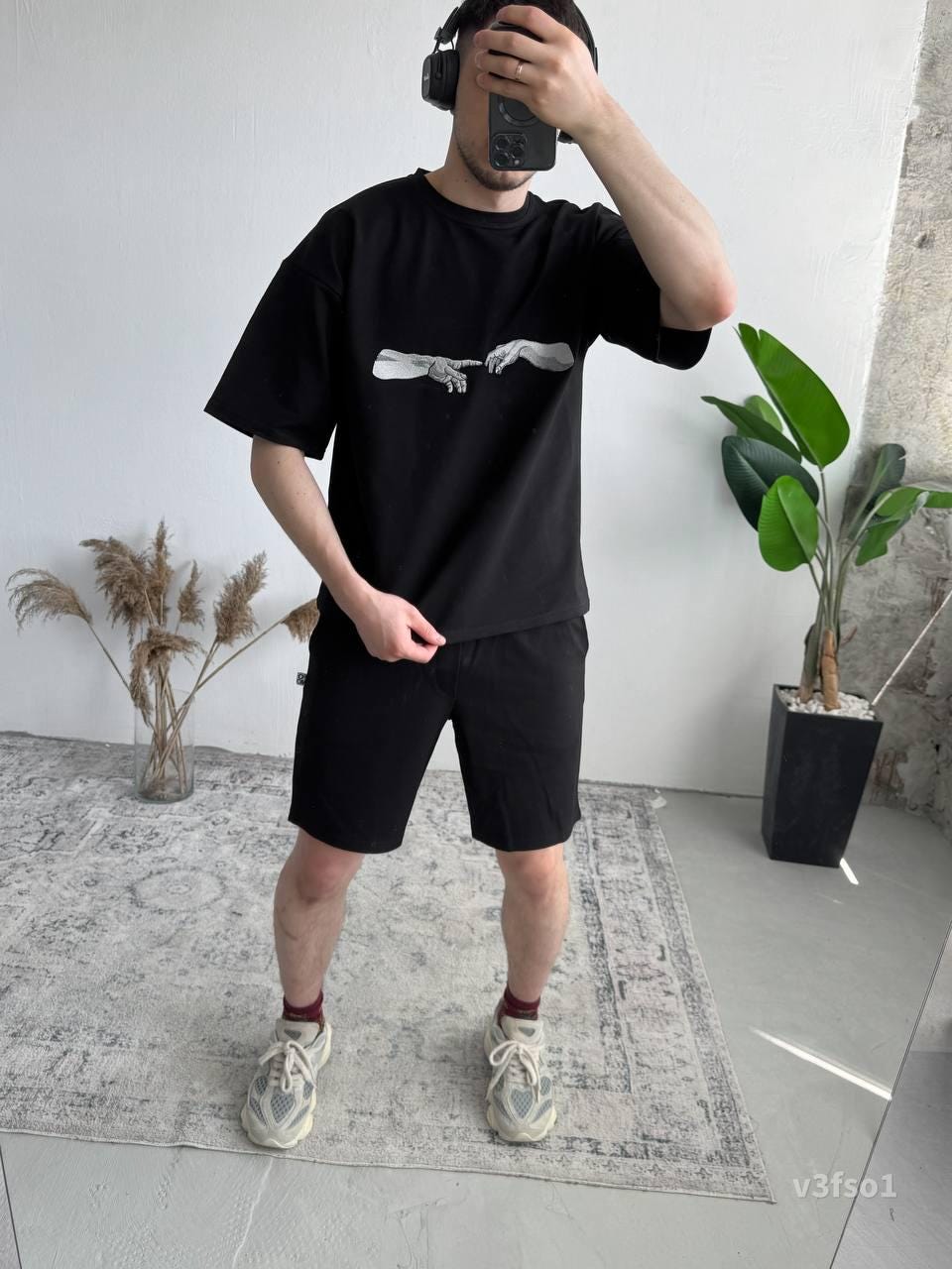 Men’s Summer Matching Set – Oversized T-Shirt & Shorts with “Creation Hands” Print | Casual Streetwear Outfit