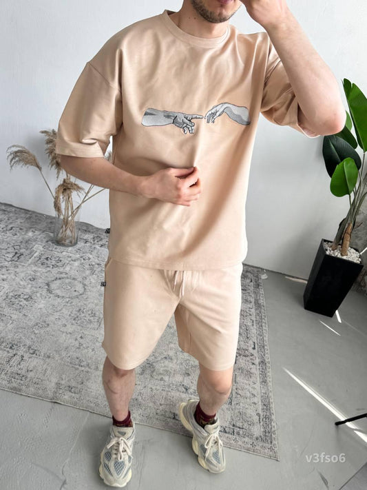 Men’s Summer Matching Set – Oversized T-Shirt & Shorts with “Creation Hands” Print | Casual Streetwear Outfit