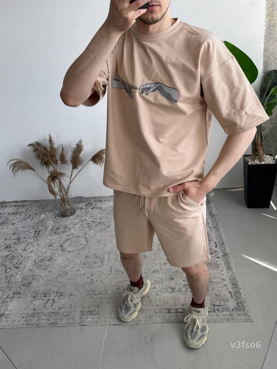 Men’s Summer Matching Set – Oversized T-Shirt & Shorts with “Creation Hands” Print | Casual Streetwear Outfit