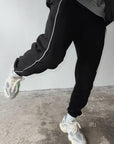 Men's Oversized Jogger Sweatpants: Black & White Side Stripe