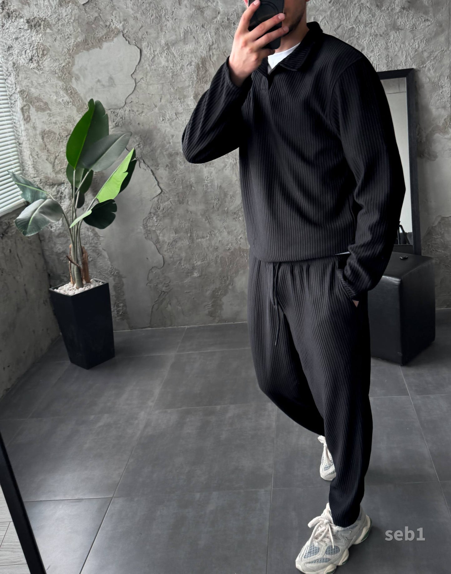 Men’s Pleated Two Piece Set – Long Sleeve Shirt and Jogger Pants, Casual Streetwear Outfit